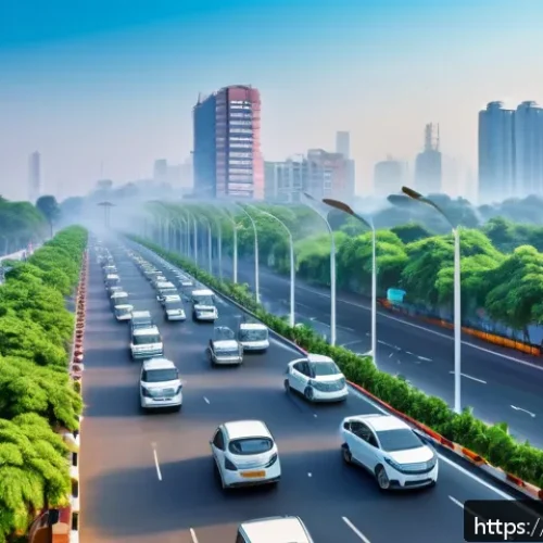 Home 29 대기환경 관리 법규와 규제 정리 - A vibrant urban scene in an Indian city featuring a high-tech smart air quality monitoring station e...