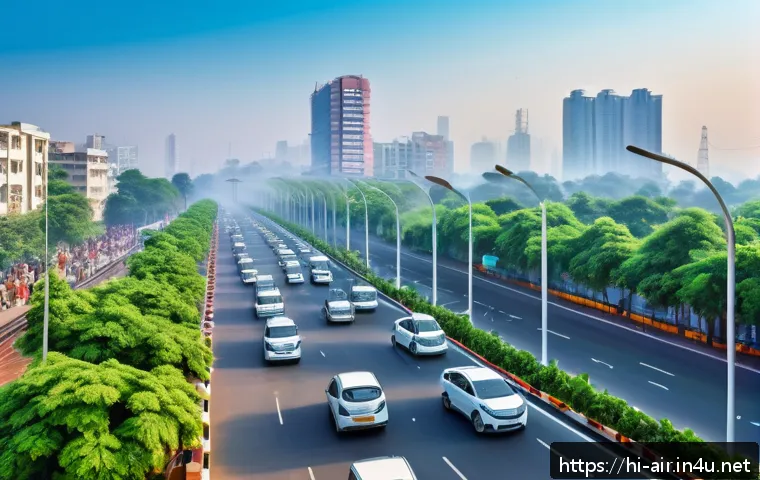 대기환경 관리 법규와 규제 정리 - A vibrant urban scene in an Indian city featuring a high-tech smart air quality monitoring station e...