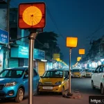 Home 16 대기오염 측정 실무 케이스 스터디 - A detailed urban street scene in an Indian neighborhood during evening rush hour, showing compact ai...