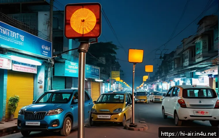 대기오염 측정 실무 케이스 스터디 - A detailed urban street scene in an Indian neighborhood during evening rush hour, showing compact ai...