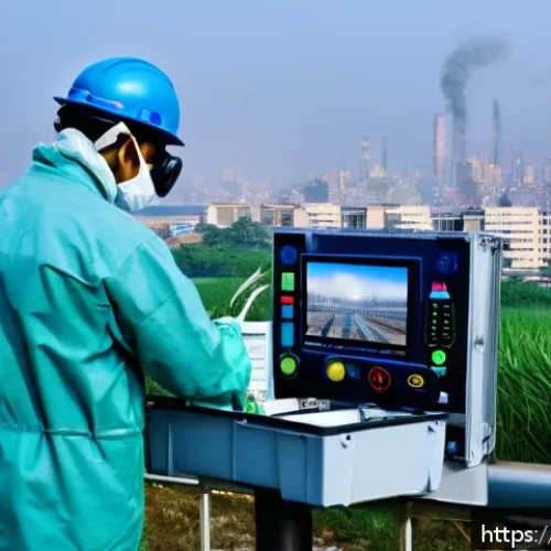 Home 15 대기환경 이직 준비 체크리스트 - A detailed scene of a professional air quality monitoring technician in an urban outdoor setting, we...