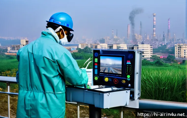 대기환경 이직 준비 체크리스트 - A detailed scene of a professional air quality monitoring technician in an urban outdoor setting, we...